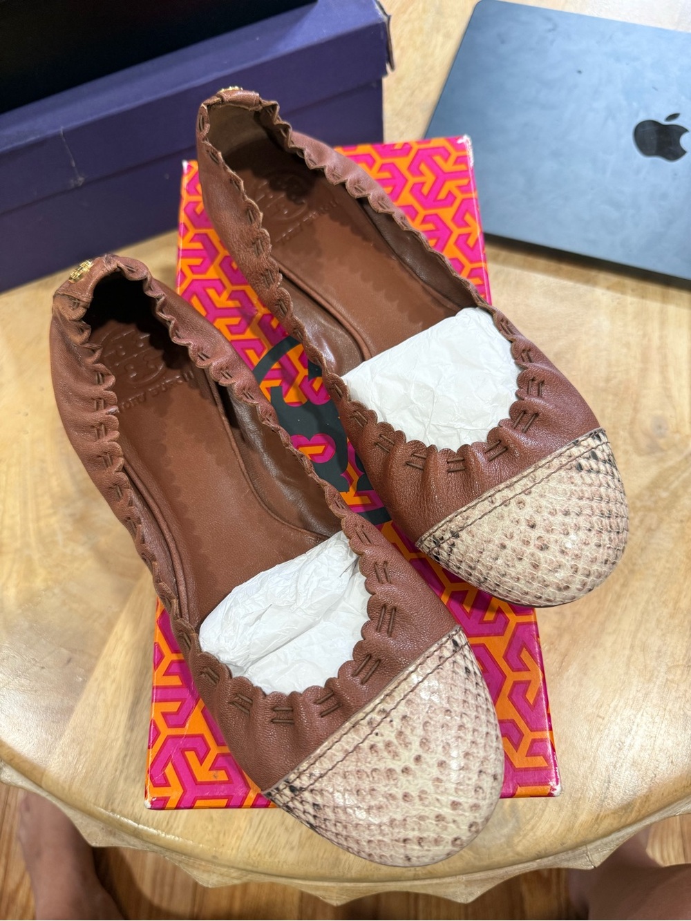 Tory Burch Brown Leather Ballet Flats with Cream Textured Cap Toe